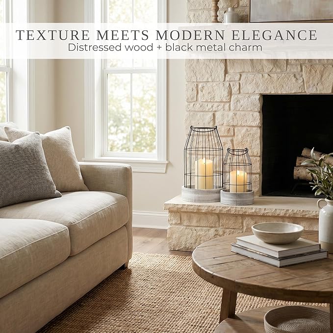 Rustic Farmhouse Lantern Decor Set of 2 - Stylish Decorative Lanterns for Your Living Room, Fireplace Mantle or Kitchen Dining Table - Modern Indoor/Outdoor Coffee Table Decor for Your Entire Home