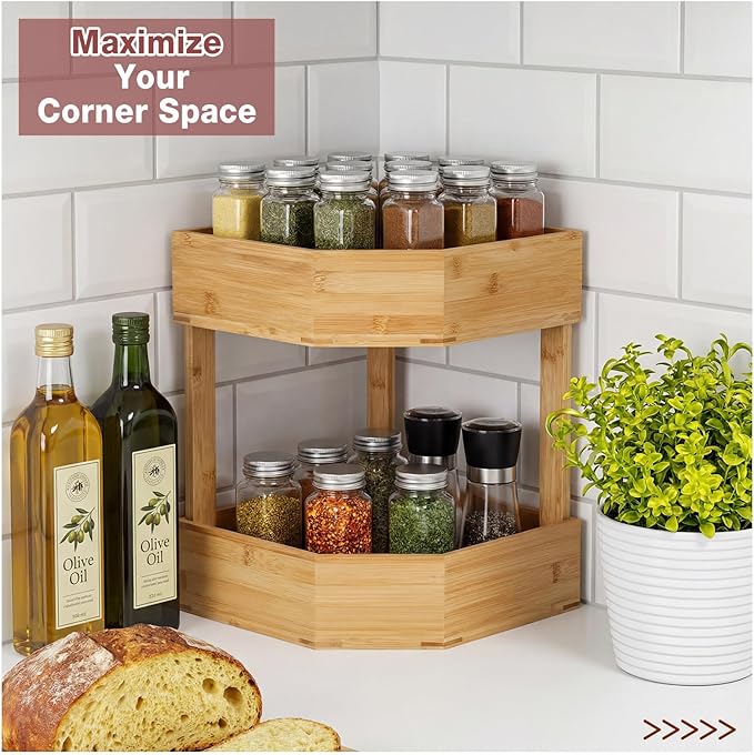 Yerliker 2 Tier Bamboo Corner Shelf Kitchen Fruit Cabinet Organizer Bamboo Corner Fruit Basket for Kitchen Countertop Space Saving Rack Counter Pantry Storage for Vegetables Spice Bottles Plates