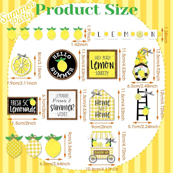Bucherry 19 Pcs Summer Lemon Tiered Tray Decor Set Farmhouse Wood Summer Table Decorations Rustic Wooden Table Signs Tiered Tray Decor for Home Kitchen Shelf Tabletop