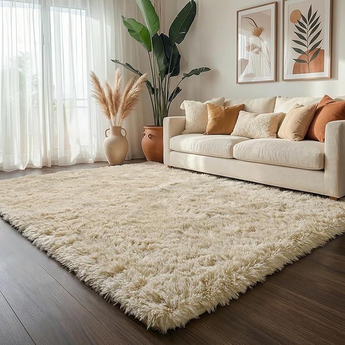 Amdrebio Beige Area Rugs for Bedroom Kids Room, Fluffy Plush Shaggy Furry Fuzzy Rug 4x6 for Living Room Decor Aesthetic, Soft Cute Shag Neutral Tan Carpet for Teens Baby Nursery Playroom Preppy Dorm