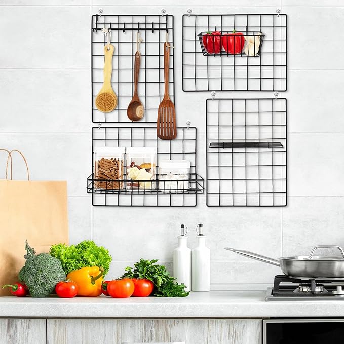 6 Pack 16 x 12 Inch Black Wall Grid Wire Panel with Accessories 1 Black Hanging Wire Basket, 1 Shelf, 1 Hook Rack, 2 Letter Sorter Shelf, 20 Clips, 12 Non Trace Nail, 2 Hemp Rope, Photo Home Decor