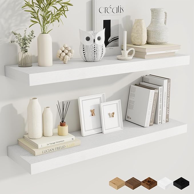 Fun Memories 36 Inch Floating Shelves, 9.3 Inch Deep Rustic Wall Shelves - Extra Deeper Wall Mounted Storage Shelves for Bathroom, Kitchen, Living Room (White, Set of 2)