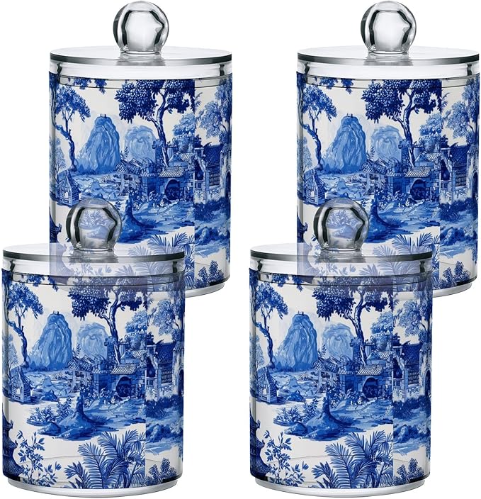 2 Pack Apothecary Jars Blue Chinoiserie Pagodas Trees Bathroom Vanity Storage Organizer Set,Small Clear Plastic Storage Jars Bathroom Canister for Cotton Swabs, Rounds, Balls, Qtips,Makeup Spon