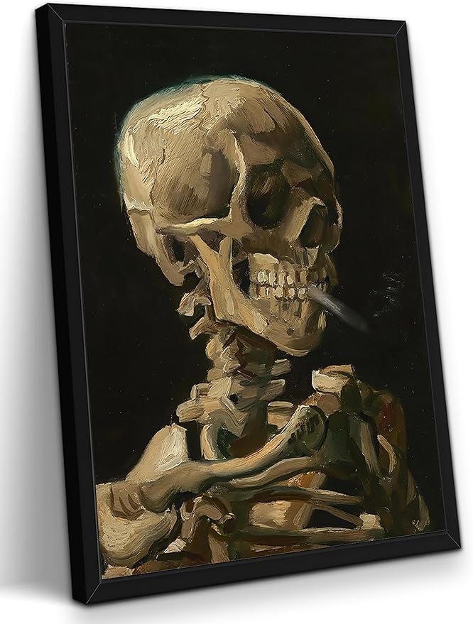 Framed Vincent Van Gogh Skull with Cigarette Canvas Wall Art - Skeleton Paintings Wall Decor, Post-Impressionism Gothic Picture Aesthetic for Halloween Decor Bedroom Living Room Artwork 16x24 inch