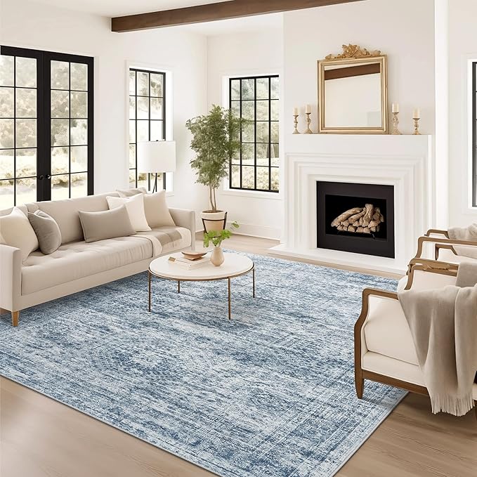 Soalmost Washable Area Rug 8x10, Large Soft Rugs for Living Room Vintage Blue 8x10 Area Rugs for Bedroom Dining Room Non-Slip Stain Resistant Under Table Rug
