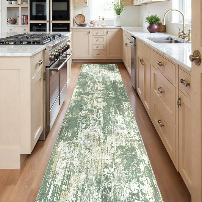 RELEANY Washable Area Rugs 2'x10' Non-Slip Modern Abstract Soft for Living Room Entryway Bedroom Nursery, Print Pattern, Light Green/Yellow