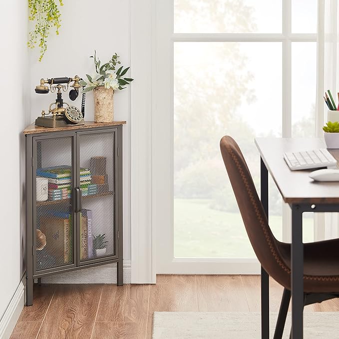 VECELO Corner Cabinet/Table, 3-Tier Display Shelves with Protection Door, Metal Frame Storage Shelf Organizer for Small Space, Living Room, Kitchen, Bathroom