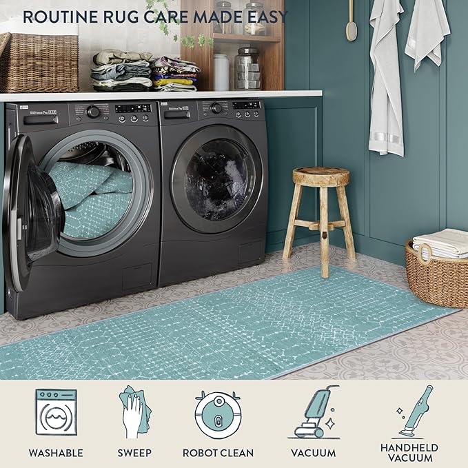Lahome Moroccan Green Runner Rug 2x6 Washable Non-Slip Hallway Rug Runner Kitchen Throw Untra-Thin Entryway Carpet, Geometric Print Distressed Floor Mat for Hallways Bedroom Hana