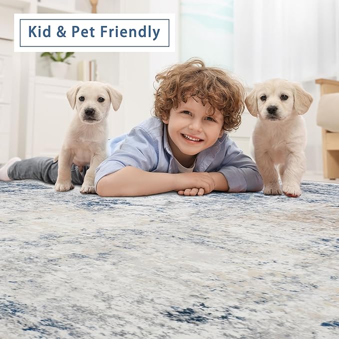Srugn Washable Rugs 8x10 Area Rugs for Living Room,Modern Abstract Rugs for Bedroom,Large Carpets,Ultra Soft Faux Wool Retro Dining Room Rug,Non Slip&Non-Shedding Low Pile Print Rug- Blue Beige