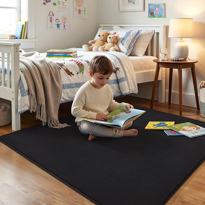 Amearea 5x5 Square Area Rugs for Bedroom Living Room, Modern Black Thickened Memory Foam Rug, Fluffy Indoor Washable Rugs Non Slip Minimalist Carpet for Kids Boys Girls Dorm Nursery Room Decor
