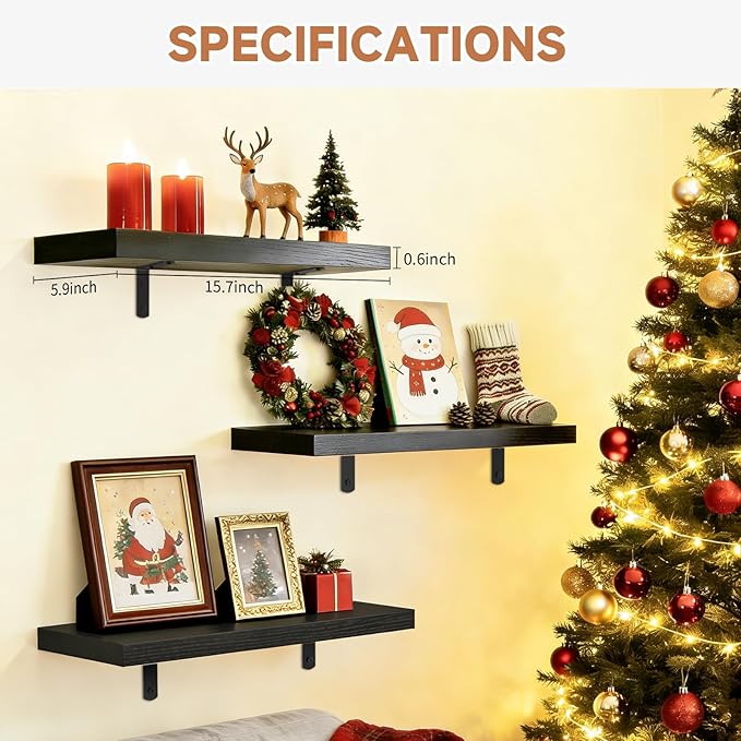 Easy Install Floating Shelves, 15.7 Inch Wall Mounted Wood Shelf,Hanging Shelf for Home Decor, Books and Storage, Small Organizer for Bedroom, Bathroom, Kitchen, Set of 3, Black