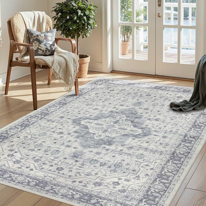 Rugxara 3x5 Washable Entryway Rug, Non Slip Boho Runner Rugs for Hallway, Entrance, Kitchen, Bathroom, Laundry Room, Soft Entryway Carpet, Throw Low Pile Retro Imitation Wool Carpet, Blue