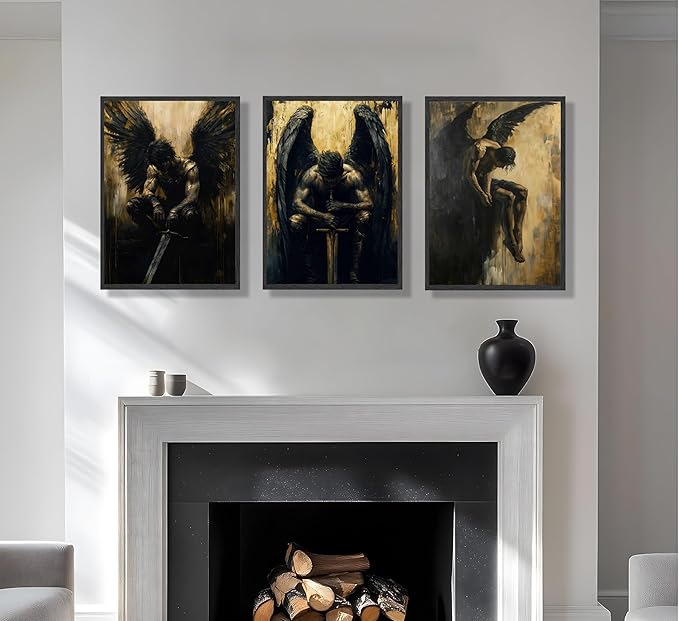 FJKLRP Gothic Dark Angel Wall Art Mural Set 3pcs Black-Winged Male Warrior Canvas Wall Decor Abstract Dark Preppy Style Poster Suitable for Living Room Bedroom and Office Unframed