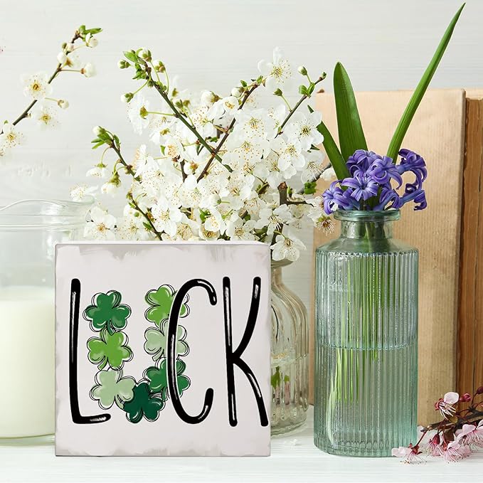 St. Patrick's Day Decorations, Irish Luck Shamrock Wooden Box Sign Desk Decor, Lucky Sign for St Patrick's Day Home Party Decor 5x5