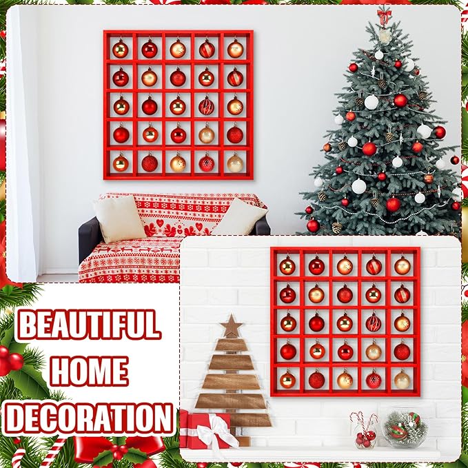 Cinnvoice Christmas Holiday Ornament Displays Rack Wooden Hanging Stand Holder Hanger for Christmas Ball Display Shelf Cabinet for Craft DIY Wall Decorations Gift (Red,25 Compartment)