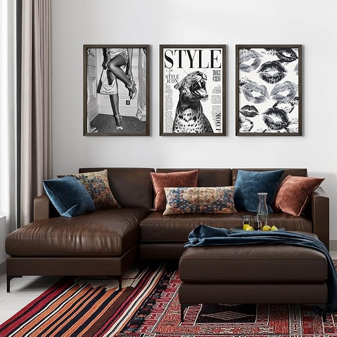 Trendy Leopard Wall Art Black and White Cheetah Canvas Wall Decor Fashion Preppy Room Poster Vintage Y2k Aesthetic Prints Funky Heels Lips Pictures Artwork for Girl Bedroom 12x16x3 Inch Wood Framed