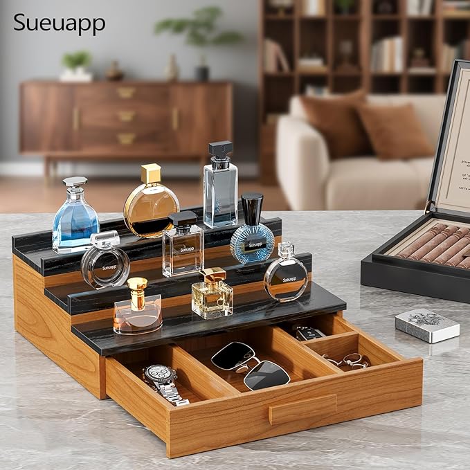 Solid Walnut Wood Cologne Organizer for Men, 3 Tier Cologne Stand Display Shelf with Hidden Compartment and Drawer, Perfume Stand Organizer, Perfume Display Holder, Great Gift for Men Father