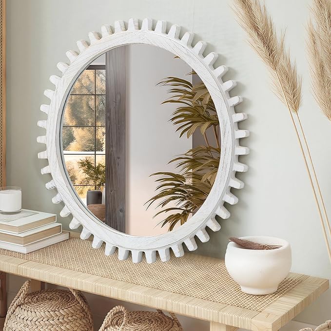 ULIKE Round Wood Mirror, 30 Inch Rustic Farmhouse Circle Mirror with Wooden Frame, Modern Wall Decor for Bathroom Nursery Bedroom Living Room Entryway, White