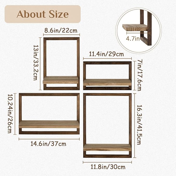 4-Piece Wood Wall Shelves for Bedroom Farmhouse - Rustic Floating Shelf Decorative Storage Shelving Wall Mounted Decor with Frame for Living Room