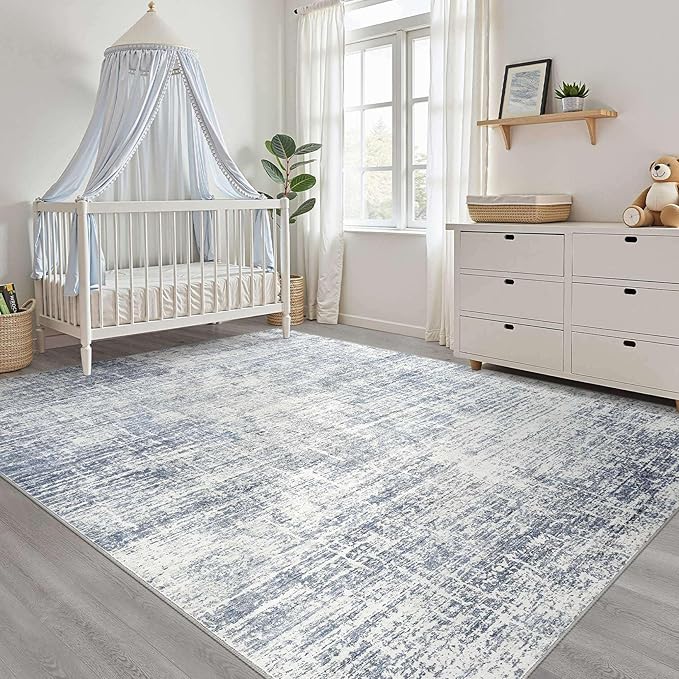 12x18 Rug for Living Room: Washable Large Neutral Blue Area Rug Abstract Soft Modern Stain Resistant Indoor Floor Non-Slip Carpet for Bedroom Nursery Kids Office Playroom Dining Room Under Table Home
