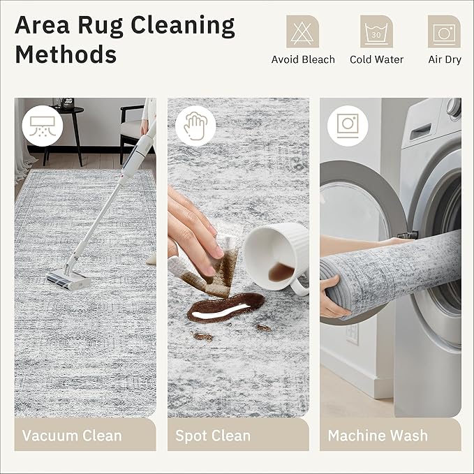 Soalmost Washable Runner Rug, 2'6" x 8' Non-Slip Kitchen Vintage Foldable Hallway Runners for Entryway, Laundry, Bedroom, Grey