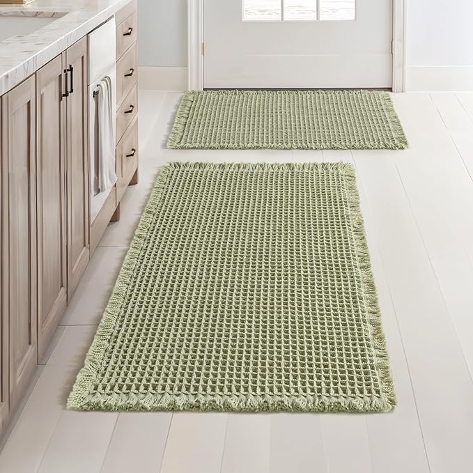 MIULEE Set of 2 Waffle Bathroom Rugs, Boho Bath Rugs Non Slip Washable, Super Absorbent Bath Mats, Ultra Soft Rubber Backed Shower Mats for Bathroom Floor, Tub, Sage Green, 17"x24"+18"x30"