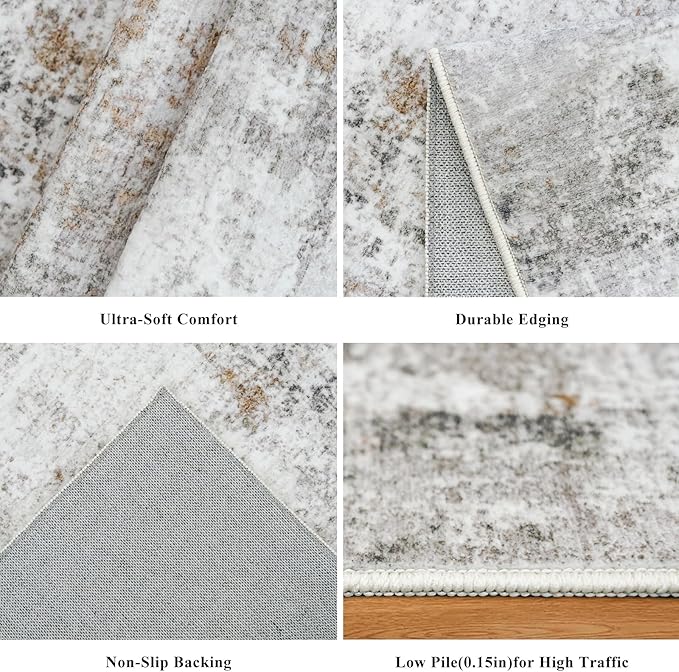 8x10 Washable Living Room Rug – Modern Neutral Abstract Soft Large Area Rug for Bedroom Dining Room Home Office Kitchen - Non-Slip Low Pile Thin Stain-Resistant Carpet (Beige,Grey)