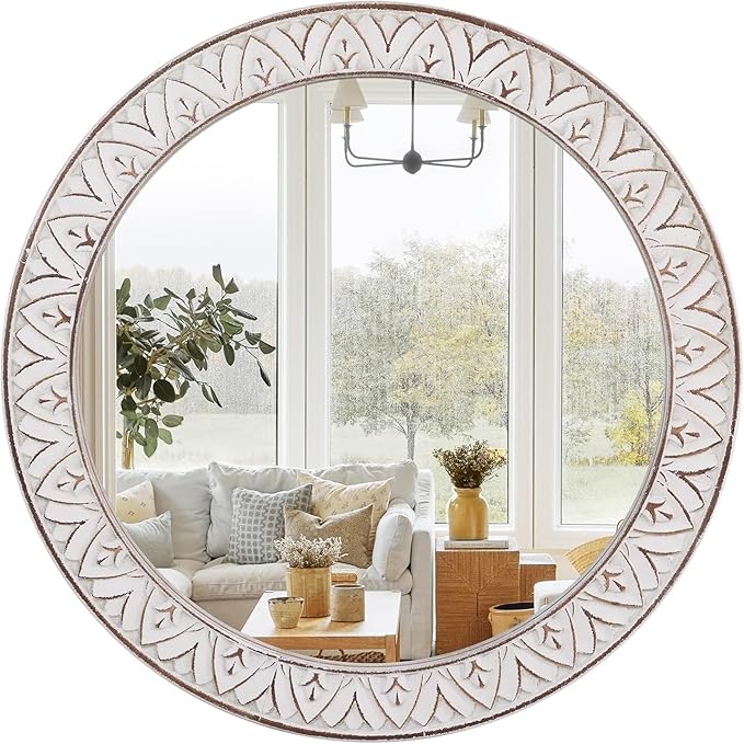 Rustic Round Wood 36 Inch Farmhouse Mirror, Wall Mount, Framed, White, Flower White, Modern & Rustic Style, Decorative Wall Mirror for Living Room, Bedroom, Entryway, Bathroom