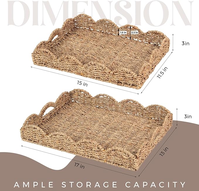 Scalloped Seagrass Tray, Hand-Woven Wicker Storage Baskets with Scalloped Edge and Handles (17x13x3 inch) Rectangular Handwoven Trays, Seagrass Basket for with Built-in Handles, 2 Pack (Dark Brown)