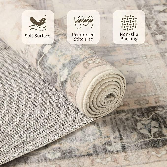 Rugxara 5X7 Washable Area Rug for Living Room, Vintage Large Boho Rugs for Office, Dining Room, Kids Room, Farmhouse, Durable Low Pile Non Slip Carpet for High Traffic Areas, Brown