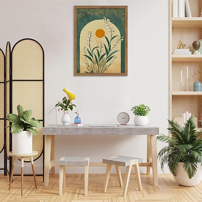 Framed Boho Wall Art, Lily of the Valley Emerald Green Sun Canvas, Mystical Country Botanical Wall Decor, Spiritual Flowers Poster Pictures Print for Bedroom Living Room – 12x16 inch