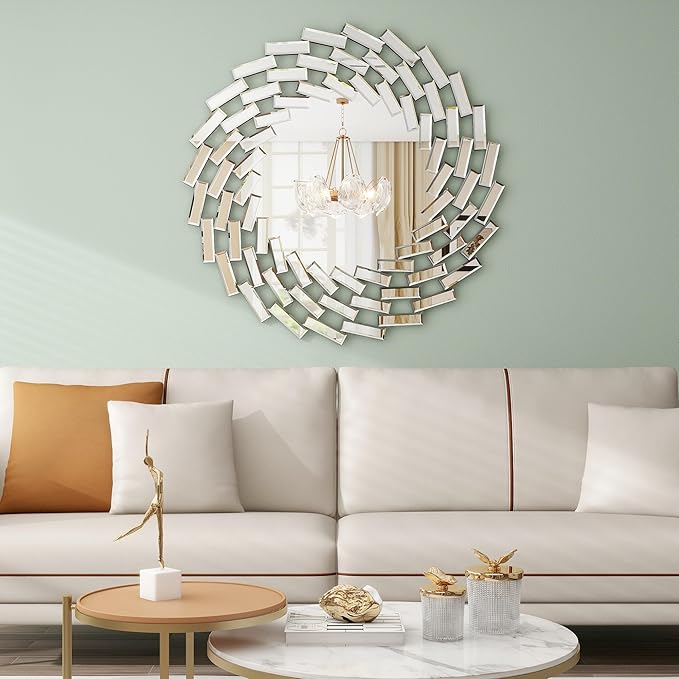 SHYFOY 31.5'' Round Mirror Wall Decor Beveled Decorative Wall Mirrors Silver Hanging Mirror for Living Room Bedroom Entryway Large Modern Accent Mirrors