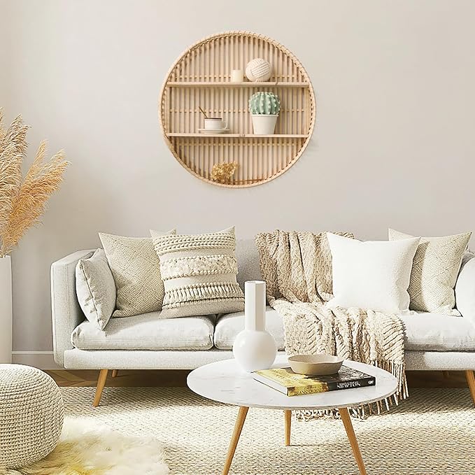Rattan Wall Shelf 3 Tier Boho Wall Mounted Shelf Farmhouse Handcraft Round Floating Shelf Display Rack Storage Circular Hanging Shelf for Livingroom Home Decor
