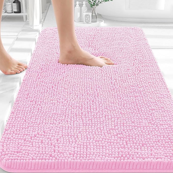 OLANLY Bathroom Rugs 30x18, Extra Soft Absorbent Chenille Bath Rugs, Rubber Backing Quick Dry, Machine Washable Bath Mats for Bathroom Floor, Tub and Shower, Home Decor Accessories, Pink