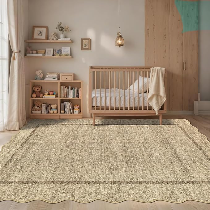 GarveeHome Scalloped Area Rug 4x6 - Washable Boho Bordered Non-Slip Entryway Rug, Neutral Farmhouse Living Room Rug Soft Throw Rugs for Entrance Hallway Bedroom Kitchen Nursery, Beige