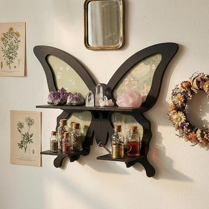 Crystal Display Shelf, Wooden Wall Shelf for Bedroom Living Room, Cottagecore Decor Floating Shelf, Trinket Shelf, Wall Art Gift, Knick Knack Shelf for Perfume, Collectibles and Essential Oils