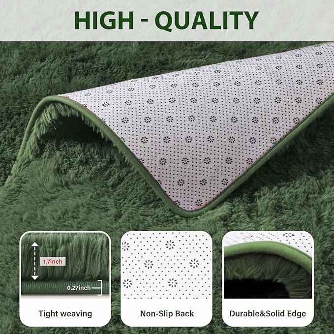 FinRèc 8x10 Feet Green Rug for Living Room Bedroom, Fluffy Fuzzy Shag Rugs, Non-Slip Furry Shaggy Area Rug for Nursery Kids Room Dorm Room Home Decor, Indoor Floor Carpet