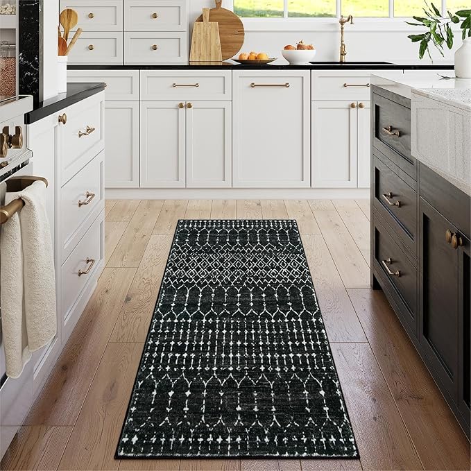 Lahome Moroccan Black Area Rug Non-Slip Low-Pile Washable Entryway Rug Kitchen Bath Mat 2'x4' Geometric Print Carpet for Hallway Bedroom Hana