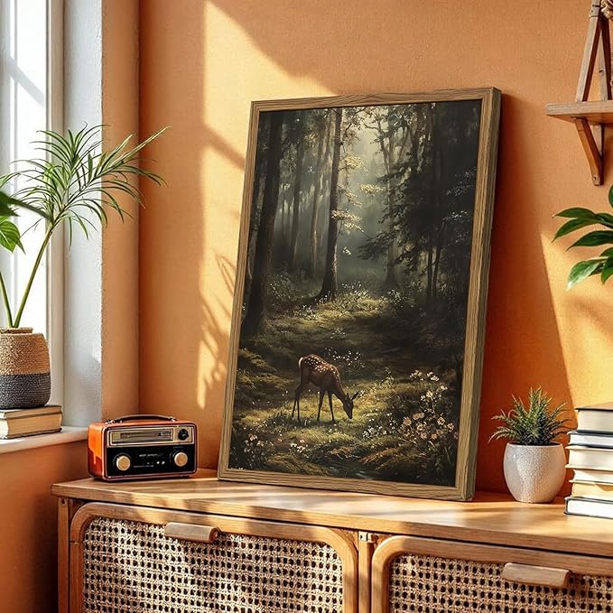 Framed Vintage Forest Deer Canvas Wall Art, Rustic Nature Landscape Paintings Wall Decor, Woodland Animal Pictures Prints Cottagecore Home Decor for Living Room Bedroom Office 16x24 inch