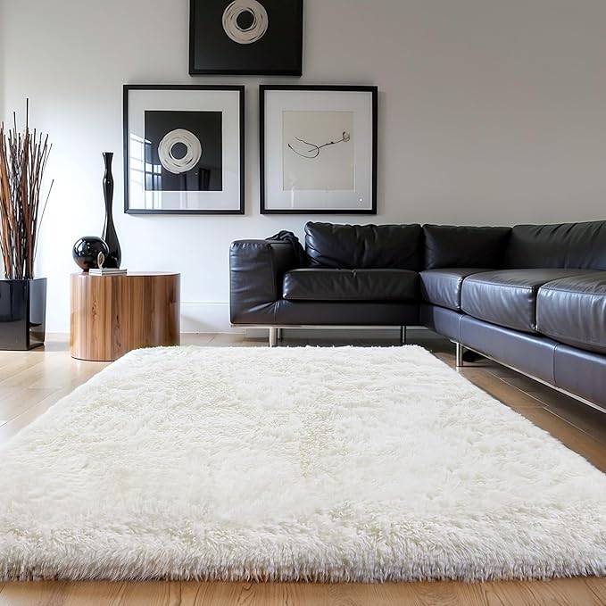 KICHOWUA Thick Area Rug 5x8 Cream White Fluffy Shag for Bedroom, Washable Fuzzy Rug for Living Room, Modern Soft Shaggy Furry Plush Thickened Carpet for Kids Boys Girls Dorm Room Nursery, Ivory