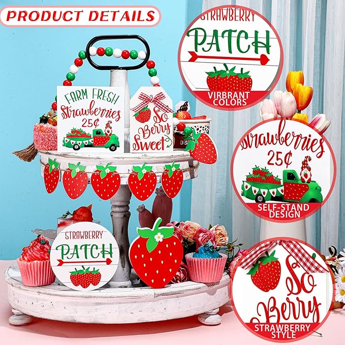 Yalikop 10 Pcs Summer Tiered Tray Decor Sets Strawberry Kitchen Decor Farmhouse Wood Tiered Tray Decorations Standing Sign Bead Garland Banner for Home Able Shelf Mantel Party