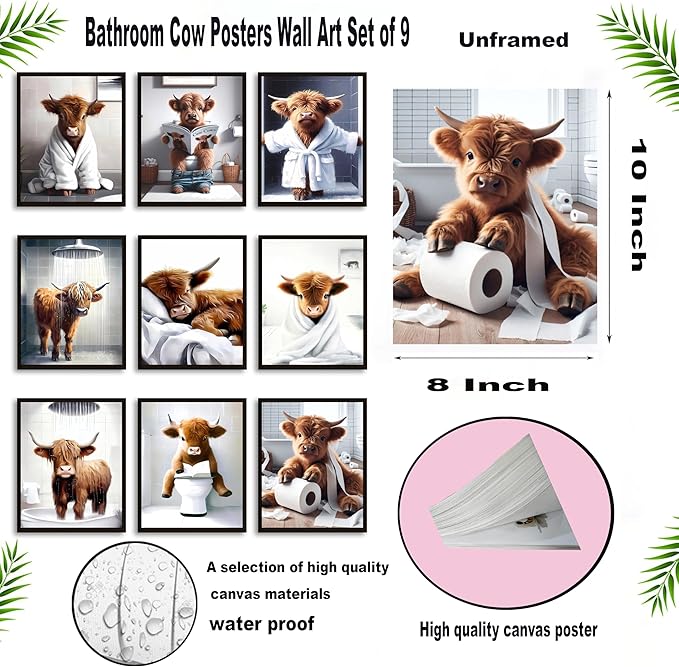 SEHSUVC Funny Bathroom Cow Posters Wall Art Set of 9, Vintage Brown Highland Cow Canvas Prints Pictures, Art Animal Restroom Wall Decor for Bathroom Bedroom Babyroom Decoration 8x10In Unframed
