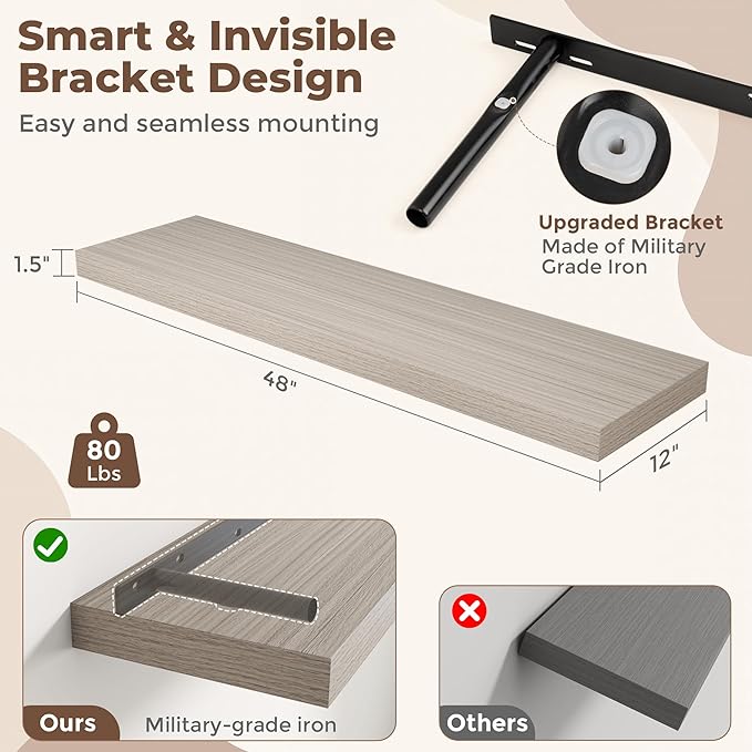 Fun Memories 12 Inch Deep Floating Shelves, 48 x 12 Floating Shelves for Wall Set of 2, Extra Deeper Hanging Wood Wall Shelves for Bedroom, Living Room, Kitchen, Grey