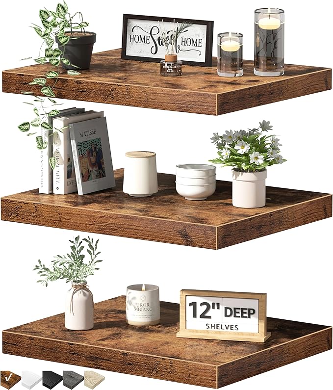 QEEIG 12" Deep Floating Shelves for Wall - 12 x 16 inch Book Shelf Bathroom Bedroom Kitchen Living Room Hanging Bookshelf Farmhouse Set of 3, Brown (026-40BN3)
