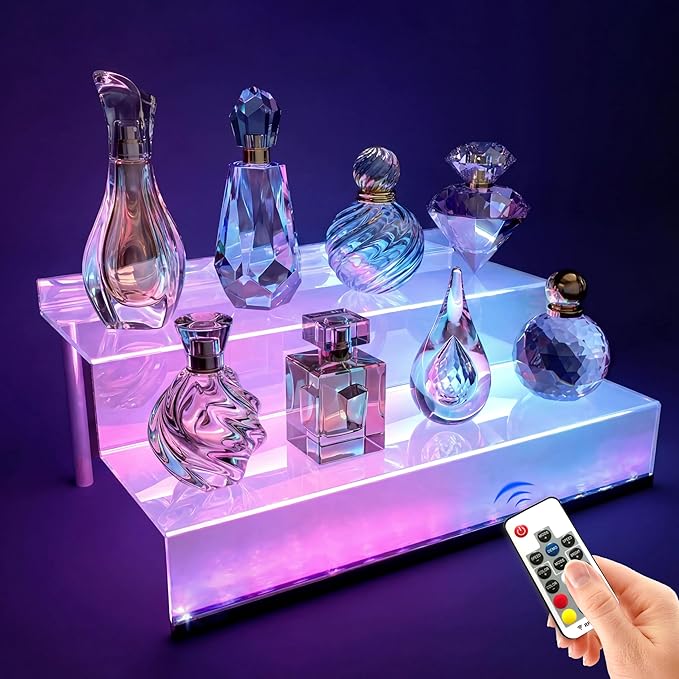 YMVV 12 Inch Acrylic Shelf for Perfume Organizer with LED Light, Large 2 Tier Cologne Organizer Tiered Riser Display Stand,Acrylic Display for Decoration and Organizer, Clear