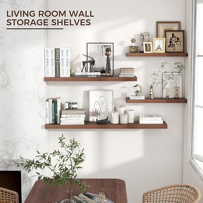 Venusmiles Floating Shelves for Wall 36 inch Long, Engineered Wood Wall Shelves with Invisible Brackets for Living Room Bedroom Bathroom Office Kitchen Decor and Storage, Walnut Finish, Set of 2