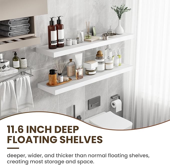 Acovy 48 Inch Floating Shelves, 12 Inch Deep Floating Shelves for Wall, Floating Shelf with Invisible Brackets, Deep Wall Shelves for Bathroom, Bedroom, Living Room, 1 Pack, White