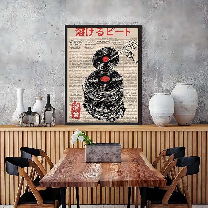 RINMFEO Japanese Retro Music Canvas Art Vintage Melting Vinyl Record Newspaper Print Abstract Beat Poster Funny Aesthetic Wall Decor For Home Bedroom Dorm 16x24inch Black frame