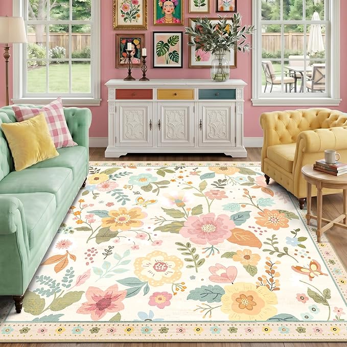 RELEANY Floral Nursery Square 8ft Area Rugs Washable Print Boho Cute Carpet Non Slip Flower Low Pile for Living Room Kids Girls Playroom Bedroom Kitchen Office Farmhouse-Beige/White/Orange