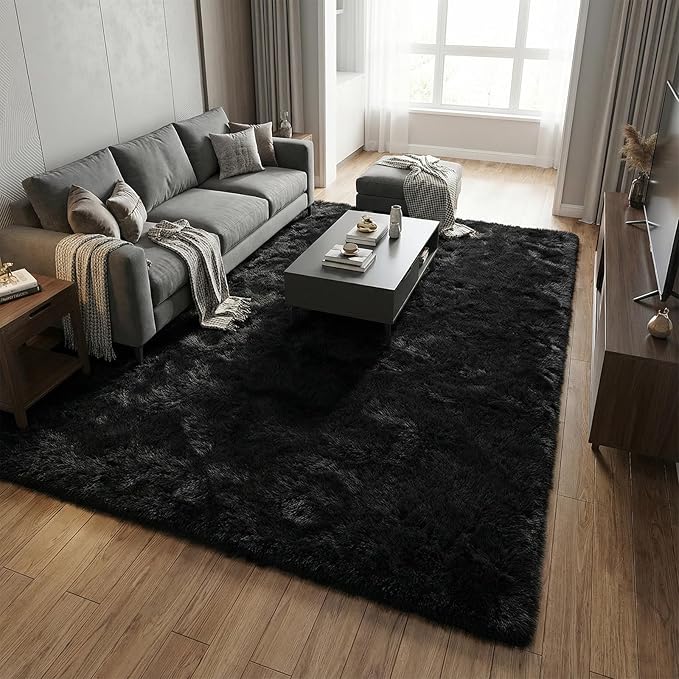 Large Area Rugs for Living Room, 9x11 Soft Fluffy Shaggy Rug, Machine Washable Non-Slip Plush Fuzzy Indoor Carpet, Aesthetic Home Decor for Bedroom, Kids Room, Nursery, Dorm, Black